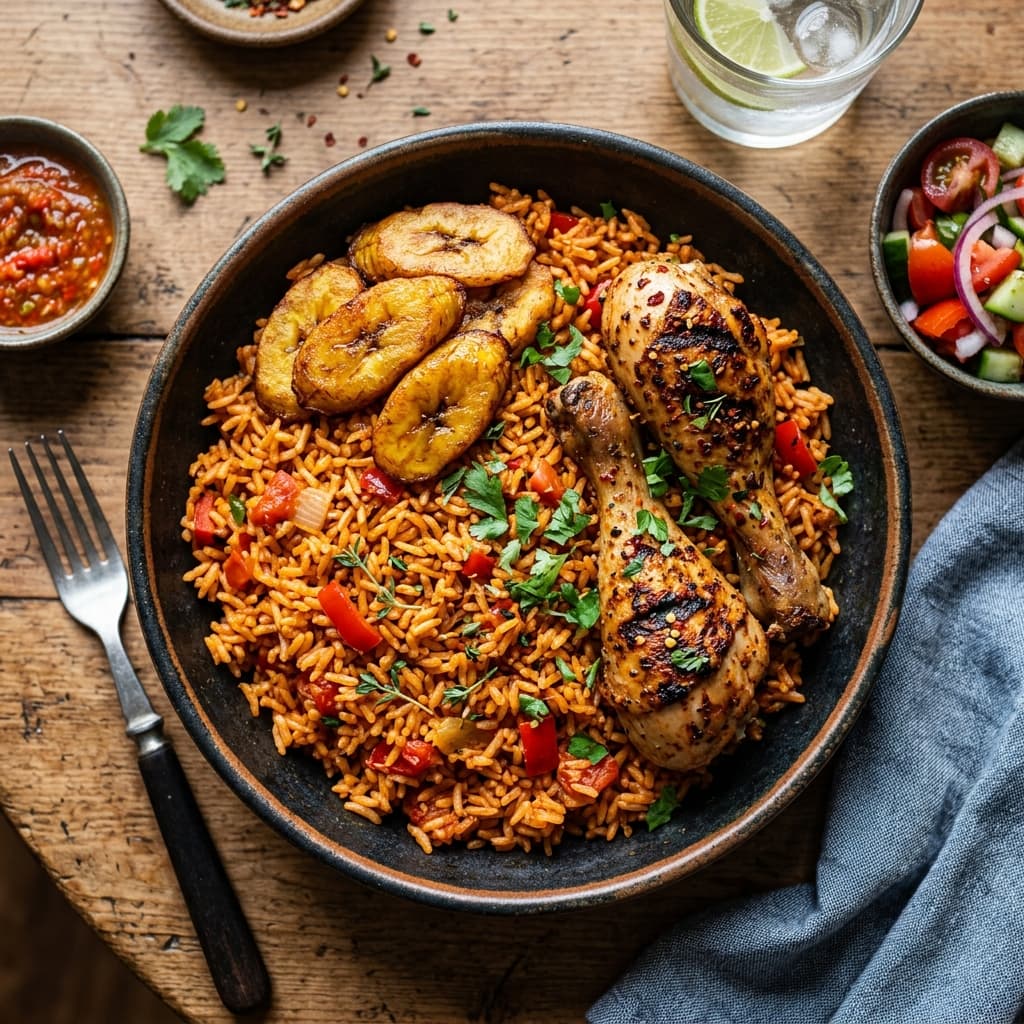 A vibrant plate of Nigerian jollof rice